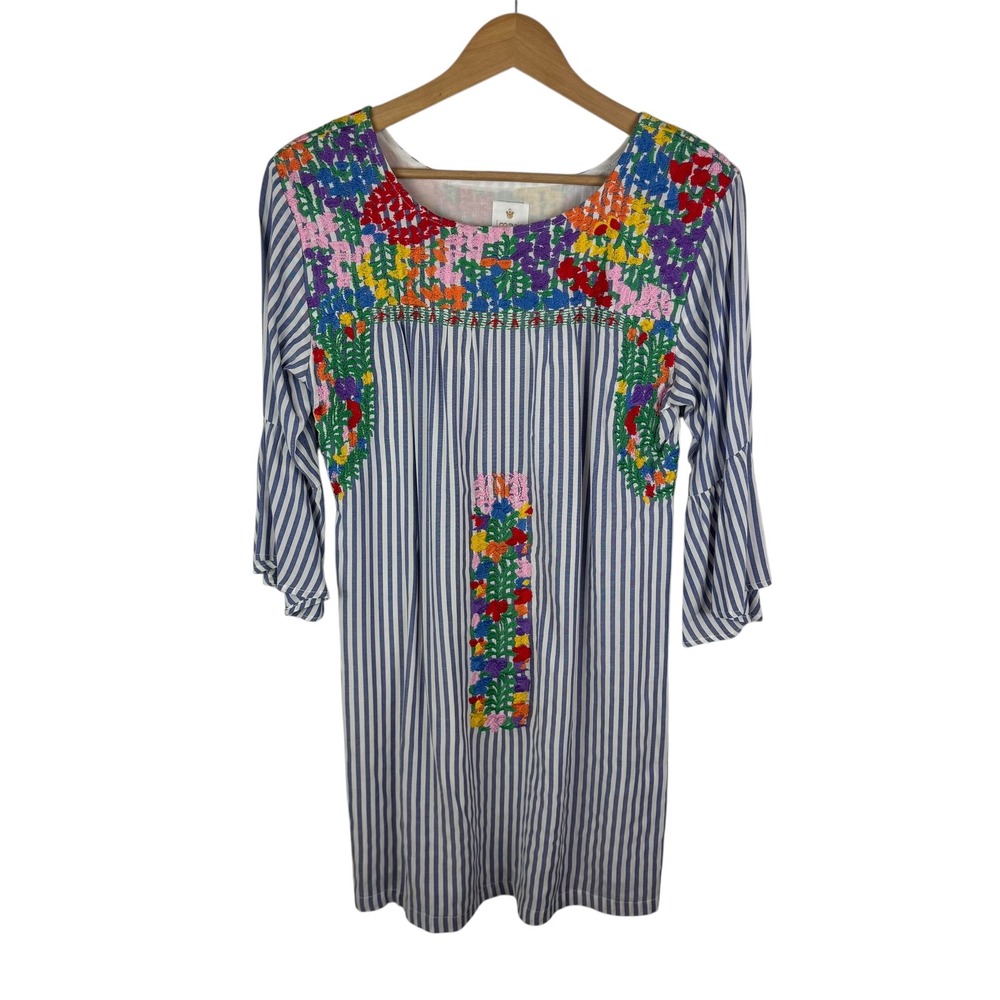 J. Marie Striped Floral Embroidered Mini Dress XS Bell Sleeve Colorful Cottage